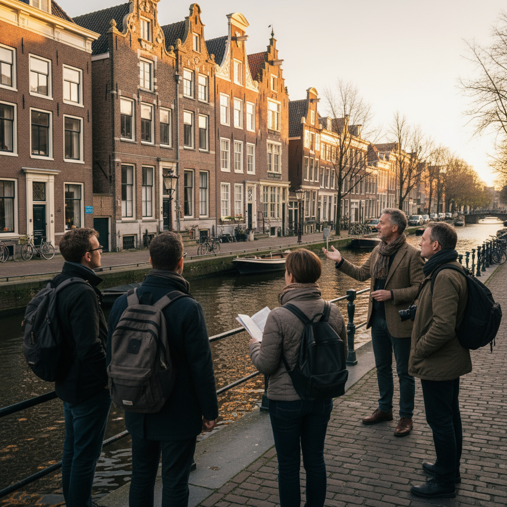 Lokale gids spreekt een kleine groep bij een grachtenpand